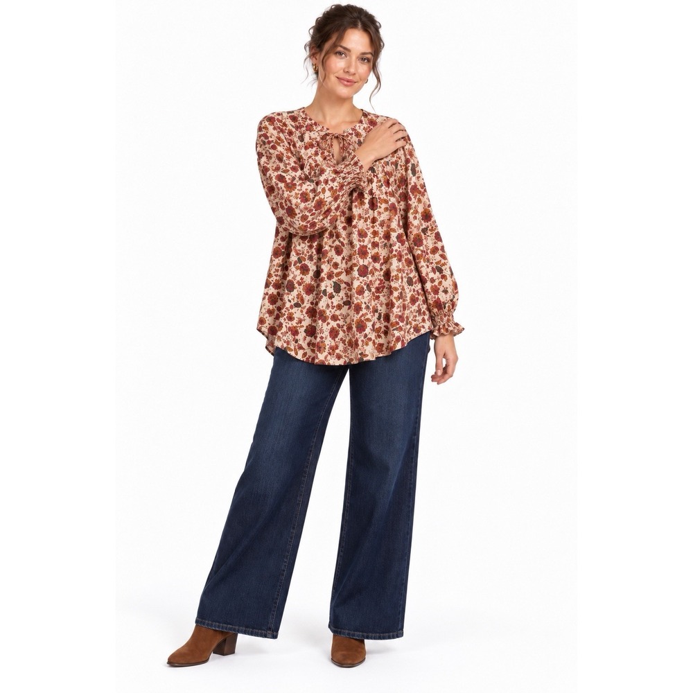 Lane Bryant 20 Fall Floral Boho Peasant Top Tie Neck Long Sleeve Blouse